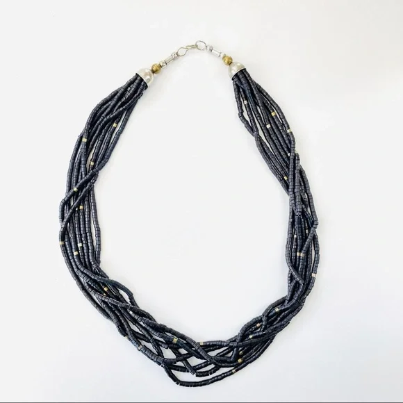Vintage 1970s Coconut Shell Bead Black & Metallic Necklace - Picture 3 of 12